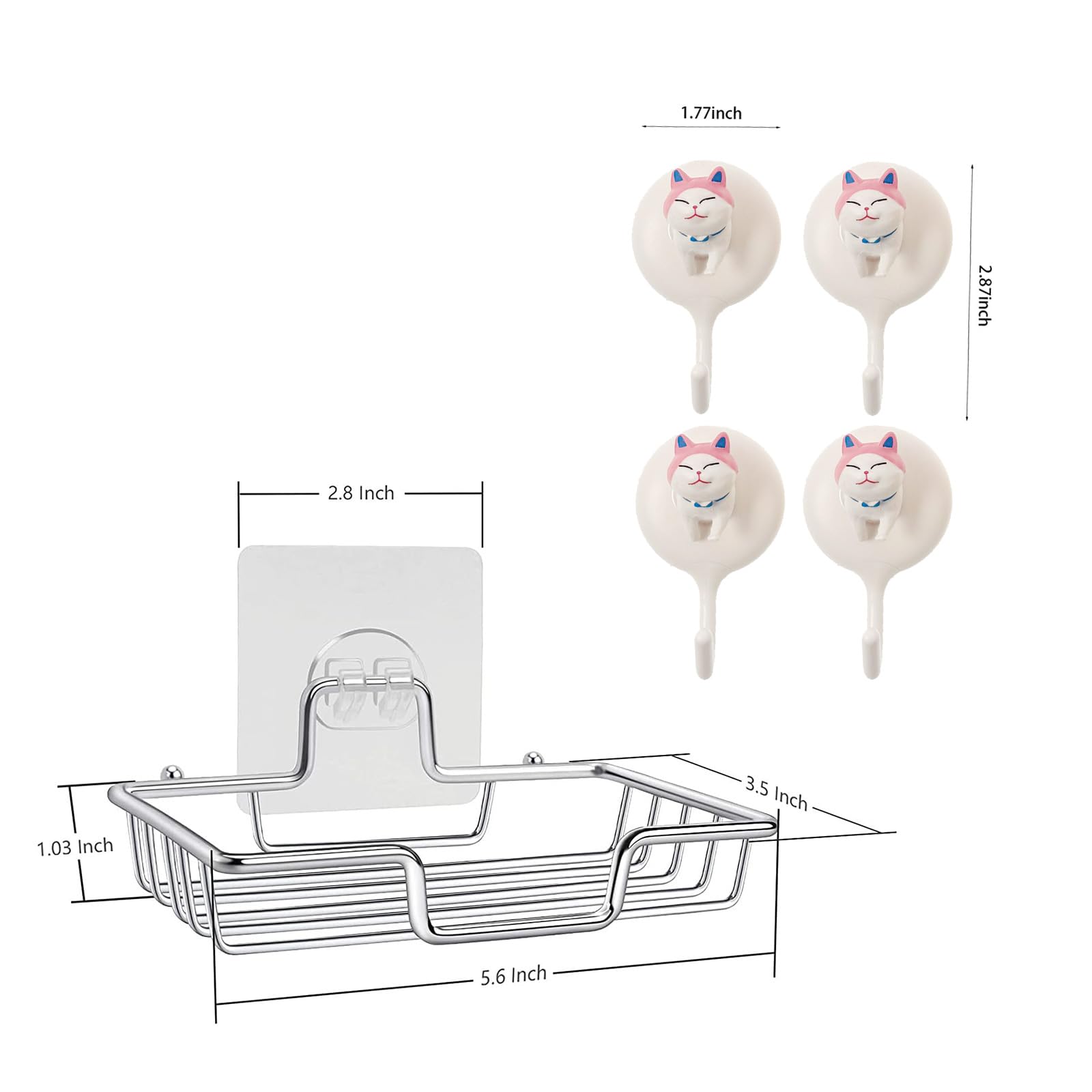 Stainless Steel Soap Holder and 4 Cute Cat Head Hooks - Bathroom & Home Organization Essentials (Stainless Steel soap Rack and 4 Hook)