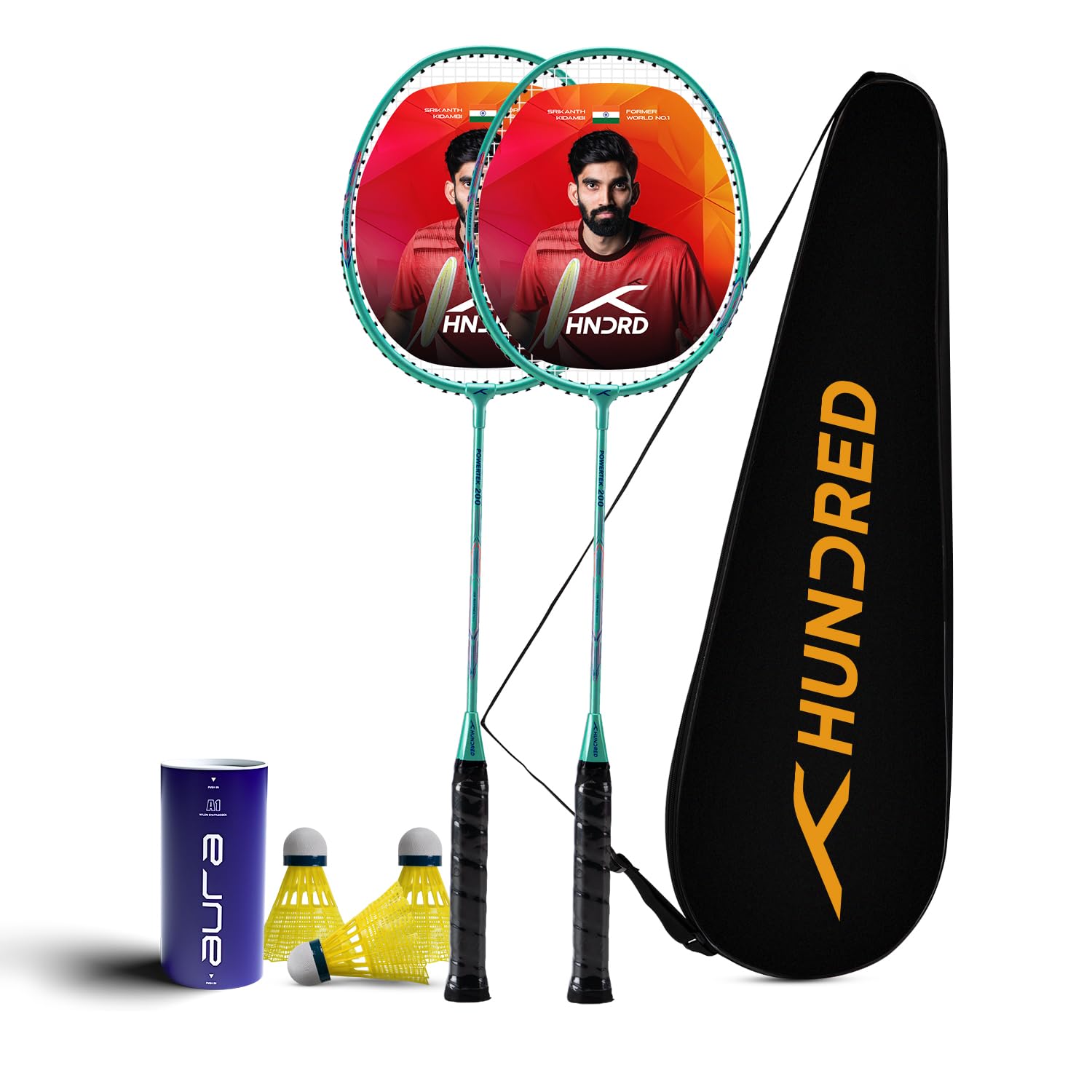 Hundred Powertek 200 Aluminium Badminton Racket Combo, 2 Strung Rackets with 1 Full Cover & 3 Aura Nylon Shuttlecocks, Lightweight Shuttle Bats for Match Play