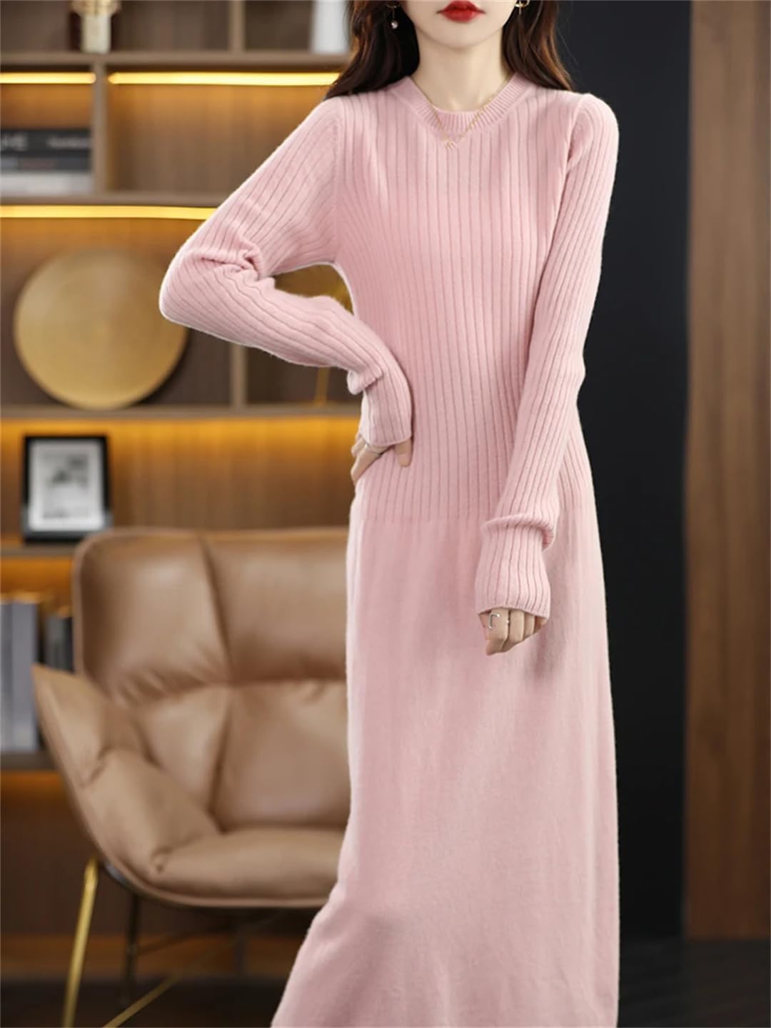 [Niiyyjj] ウールセータードレスレディースOネック膝上ニットロングスカートハイウエストAラインスカート