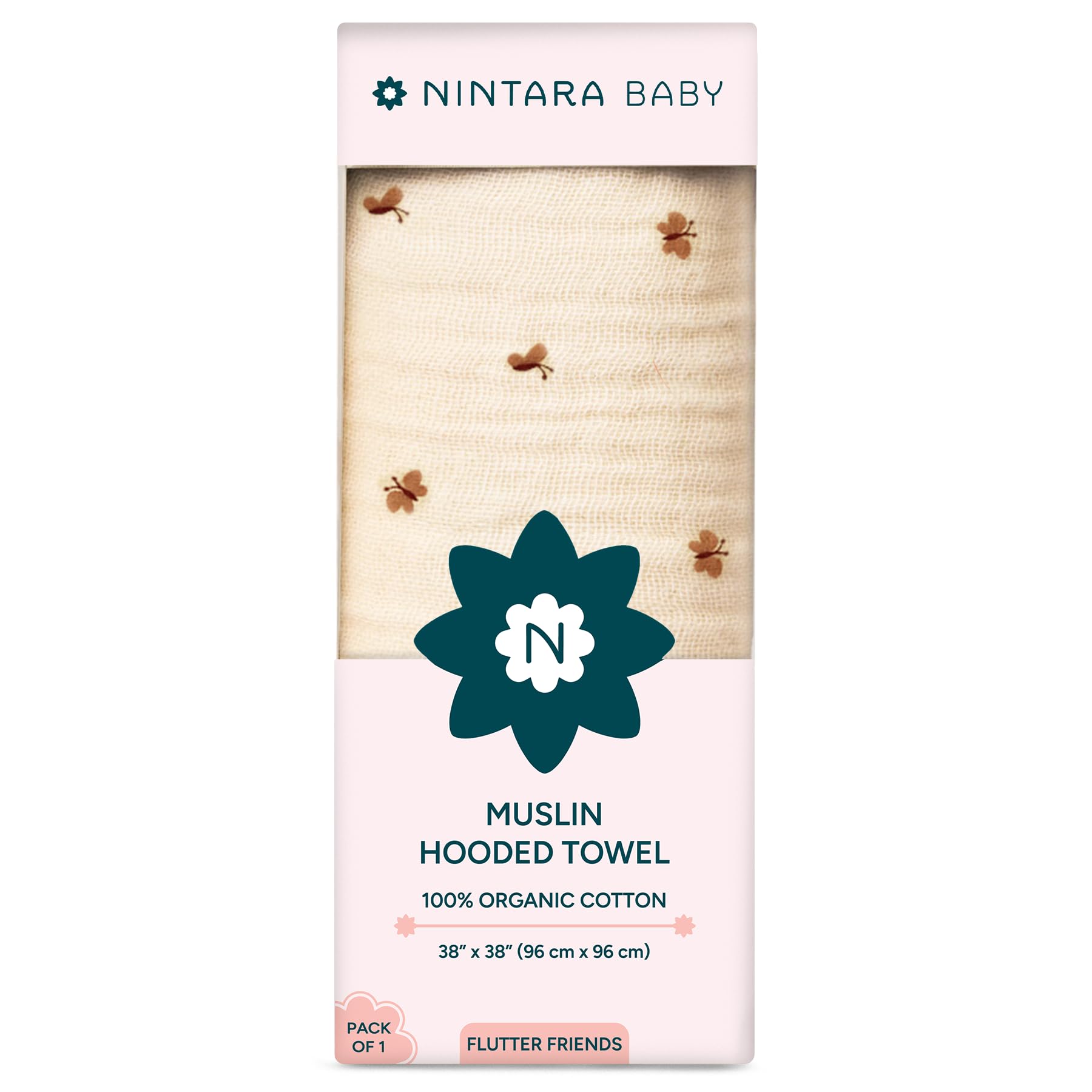 NINTARABABY Hooded Towel - 100% Organic Premium Muslin Cotton, 38" x 38" (96 cm x 96 cm), Ultra-Absorbent, Soft, Breathable, Extra-Large, Hypoallergenic, Gifts for Infants & Toddlers
