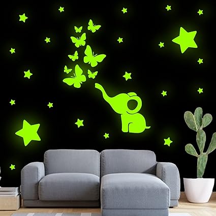 Ashamohar Glow in The Dark Stars for Ceiling or Wall Stickers Glowing Star Elephant Butterfly Stickers Room Decor Kit Galaxy Glow Star Set and Solar System Redium for Kids Bedroom Decoration