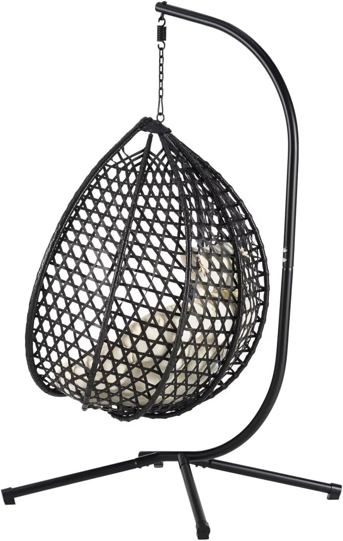Hanging Egg Chair with Stand, Patio Hammock Egg Swing Chair with Cushion for Bedroom Garden Indoor Outdoor (Black+Beige)