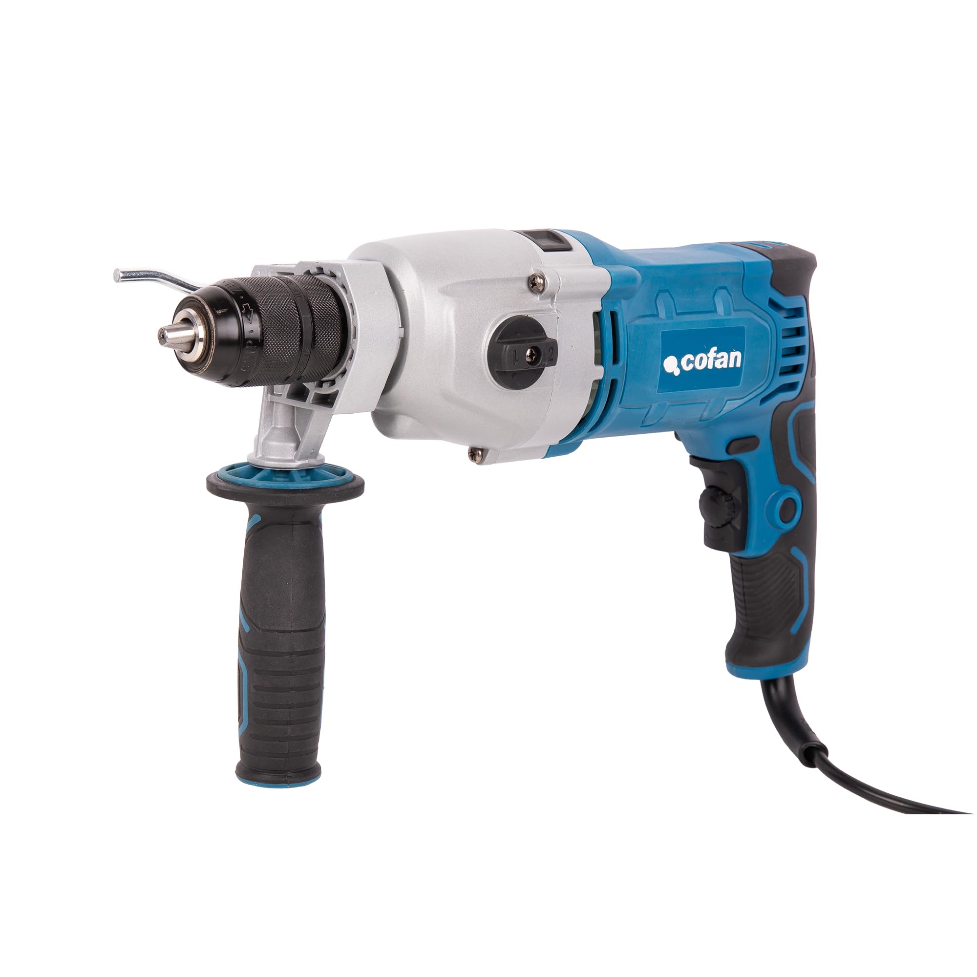 Cofan Taladro percutor con cable 1200 W con 2 velocidades, Portabrocas automático 13 mm, 44800 bpm, empuñadura lateral y barra medidora de profundidad
