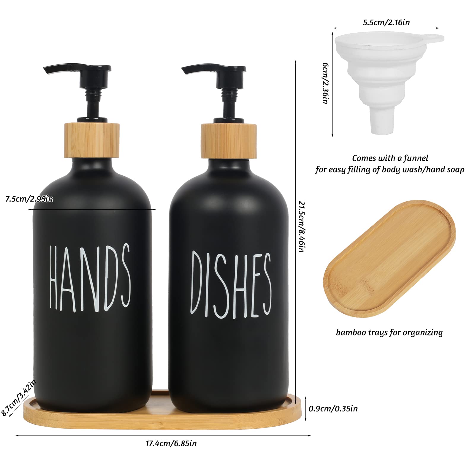 Luabue 2Pcs Soap Dispenser Kitchen Hand & Dish Wash Dispenser Black Washing Up Liquid Dispenser 500ml Glass Soap Dispenser with Bamboo Pump &Tray for Bathroom Countertop Laundry Room Shampoo Lotion - Image 2