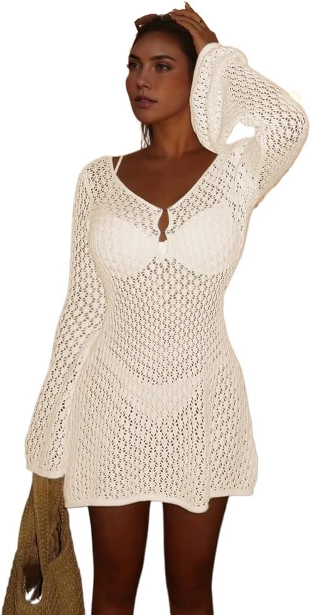 Women's Long Sleeve Hollow Out Swimsuit Cover Up, Elegant Beach, V-Neck Skirt Summer cover ups for swimwear