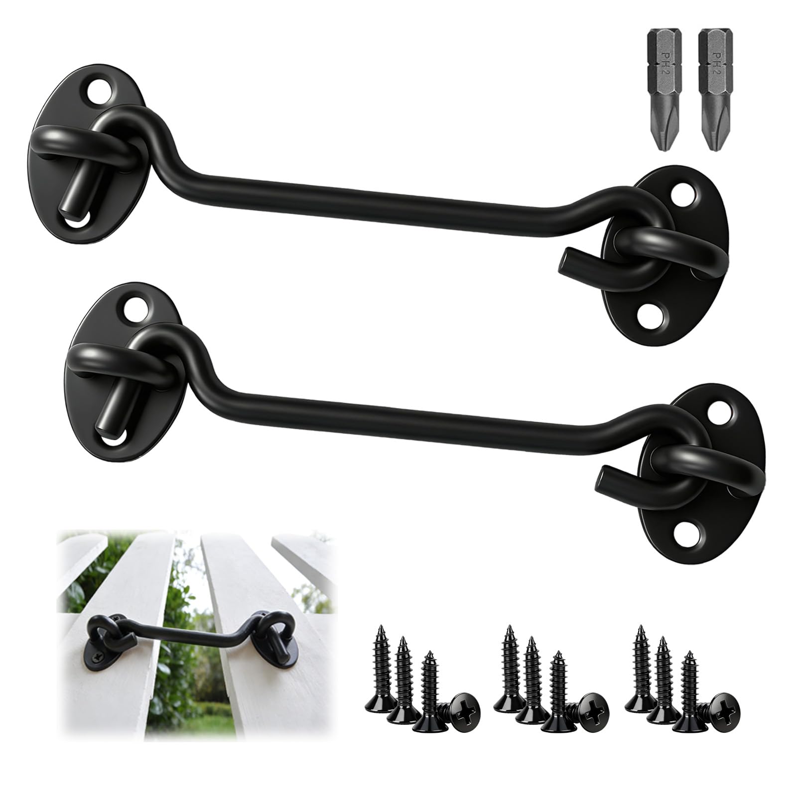 PDKKFF 6 Inch Hook and Eye Latch, 2 Pcs 150mm Black Gate Hook Stainless Steel Cabin Hooks, Door Lock Hooks with Mounting Screws for Window Brace Gate Door Catch, Wooden Gates, Garden Shed