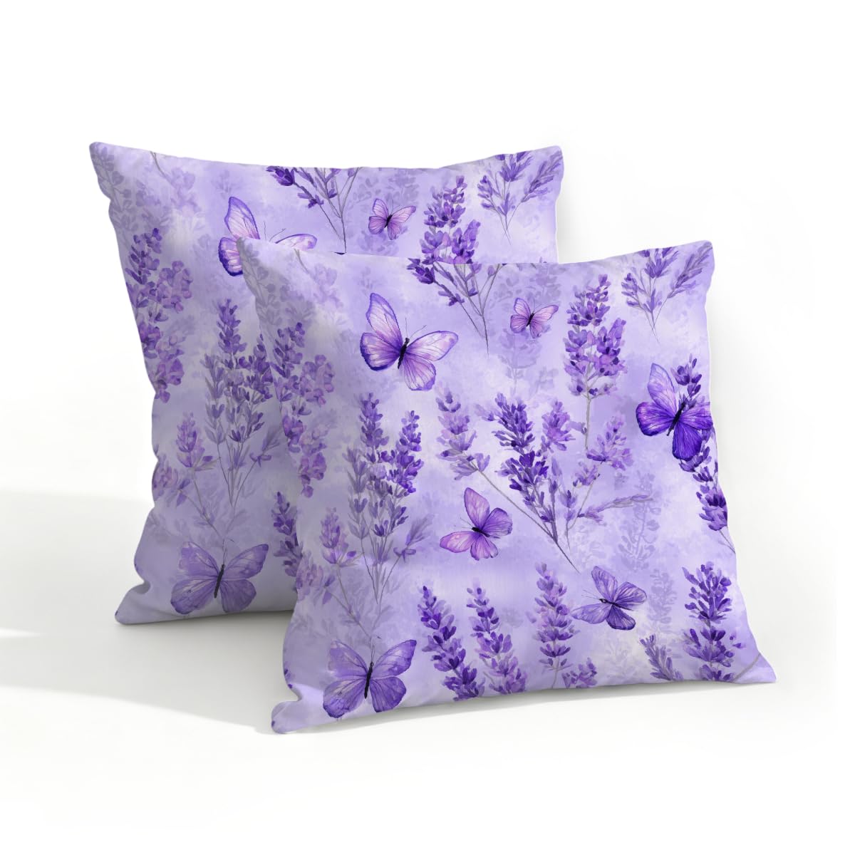Outdoor Pillow Covers Waterproof Pillowcases 18x18in Set of 2 Romantic Lavender Flower Butterfly Decorative Throw Cushion Case for Couch Sofa Garden Patio Furniture
