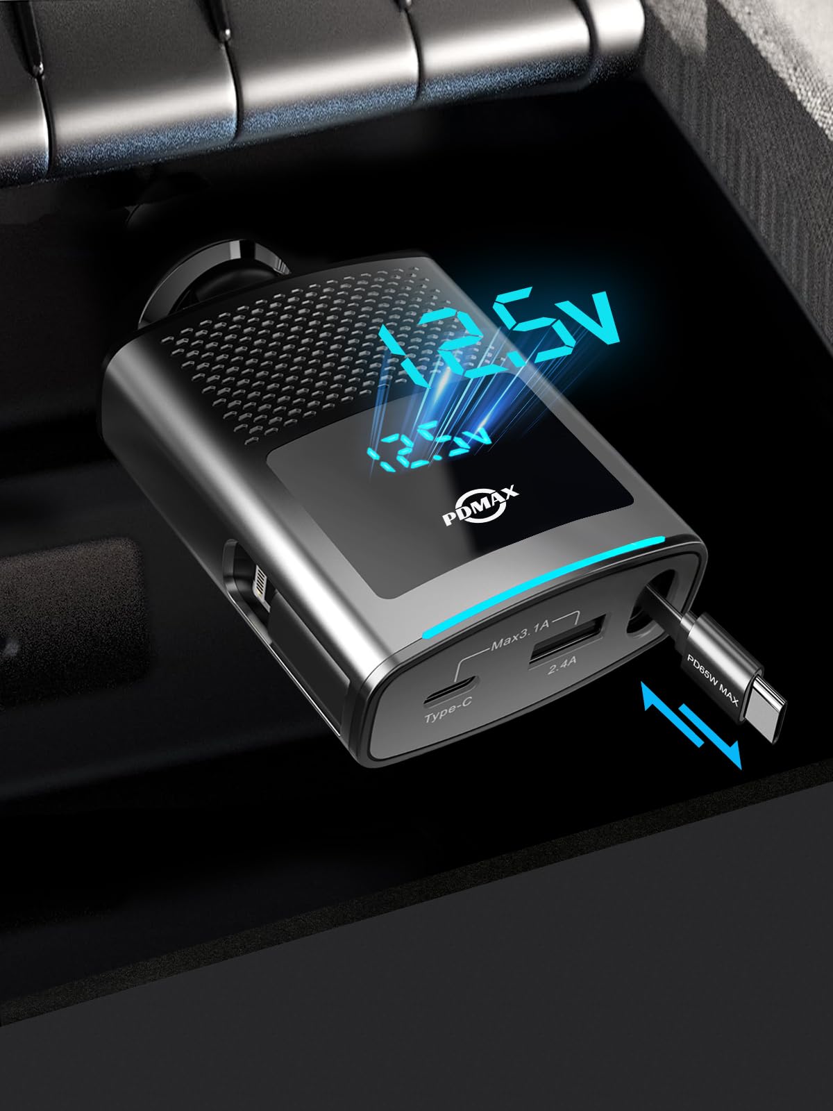 【巻き取り式・USB-C＆Lightning 急速充電】PDMAX シガーソケット usb-c 車 充電器 カー用品 Type-C to lightning 変換アダプター一つ 付き 車用品 旅行 便利グッズ 電圧計付き iPhone 16/15/14 Pro iPad Air 対応 12V 24V 車載充電器