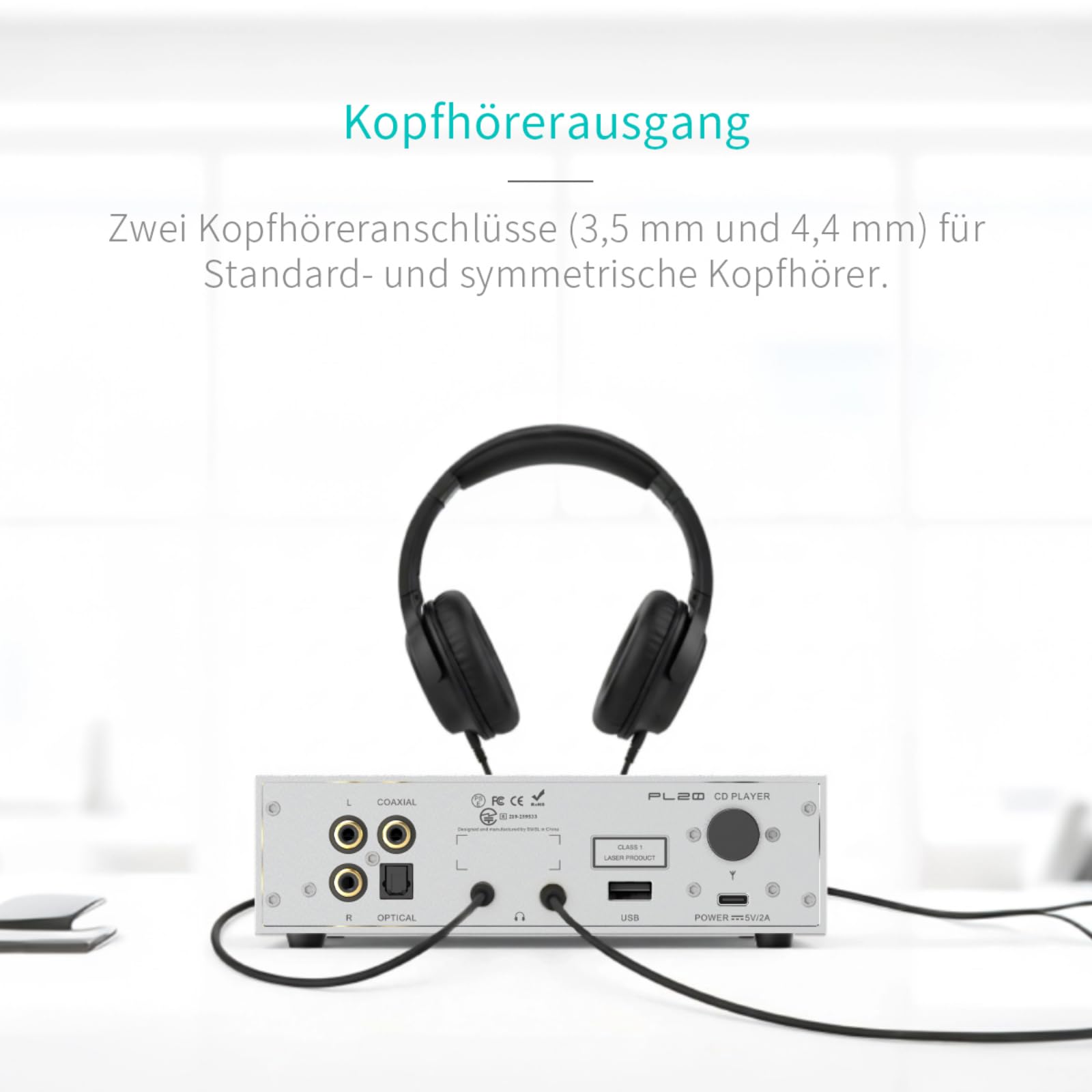 SMSL PL20 HiFi CD-Spieler für Zuhause, CD-Ripper, Bluetooth-Autoradio-CD-Player, 2×CS43131-Chip, USB-Stick/Bluetooth-Eingang, RCA/BT/3,5mm/4,4mm Symmetrisch/Optisch/Koaxial Digitaler Ausgang (Silber)