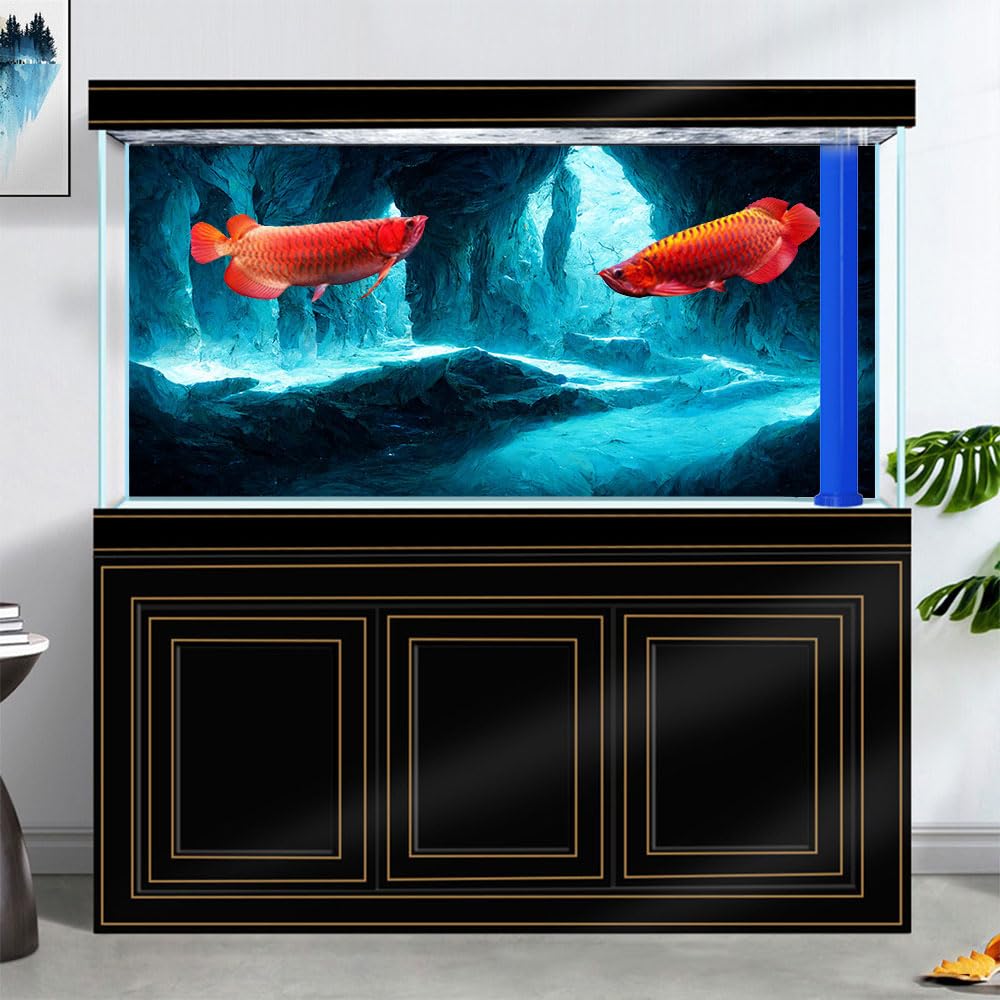 Pinpai 48X18 Inches Fish Tank Background, Underwater Cave Terrarium Background Decor, Blue Landscape Stone Durable Polyester Background with 8 EVA