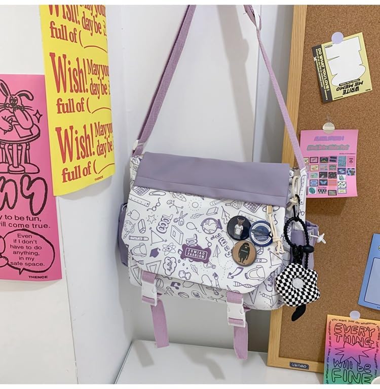 Image of Aesthetic Crossbody Bag with Cute Pins and Ornament, Nylon Shoulder Messenger Bag Japanese Kawaii Bag for Women Men