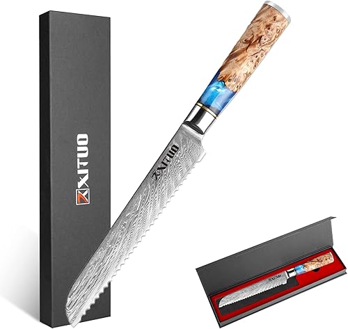 Miniatura 1 de XT XITUO Cuchillo de pan de acero de Damasco, 7.5 pulgadas, colección Tsunami, núcleo de acero japonés VG10 de 67 capas, mango único de resina azul,