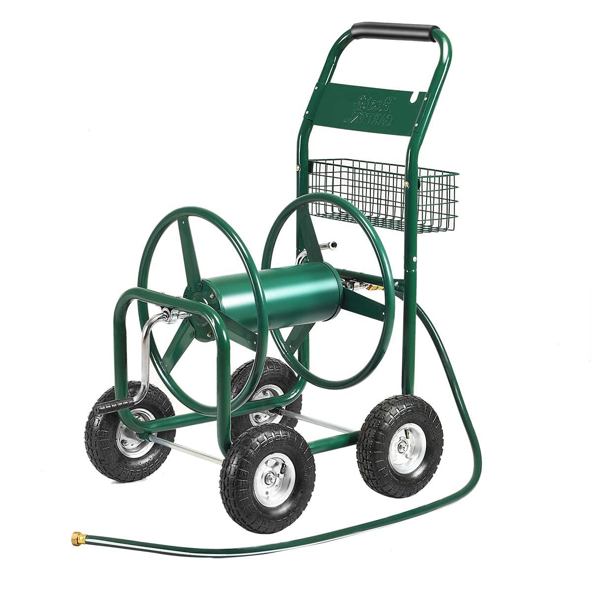 GYMAX Carrello Avvolgitubo da Giardino in Metallo e Gomma,con Ruote e Cestello