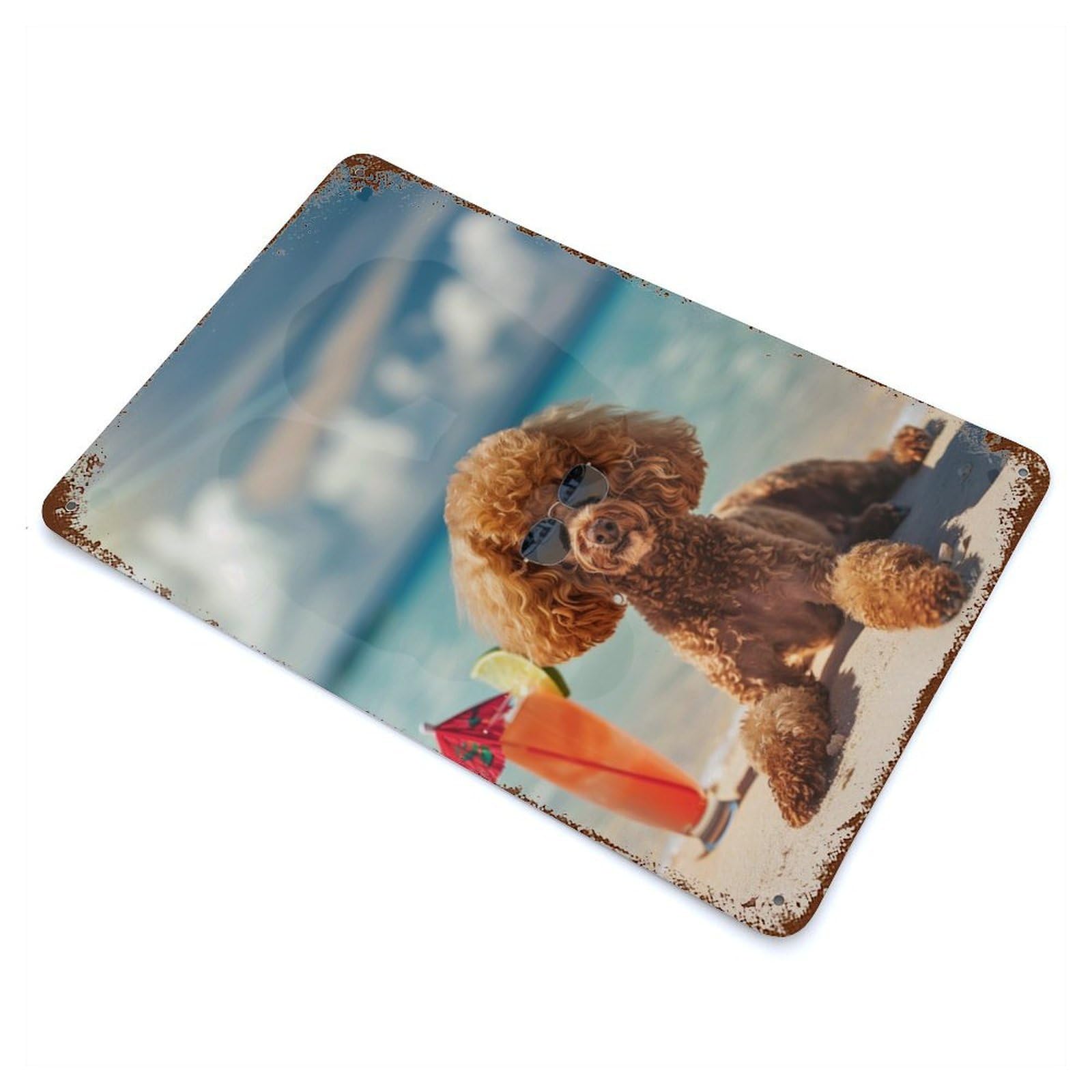 Rust Effect Poodle Relax Beach Drink Distressed Metal Wall Sign 11.8"x7.9", Decorative Metal Wall Art for Living Room, Hallway And Home Decor