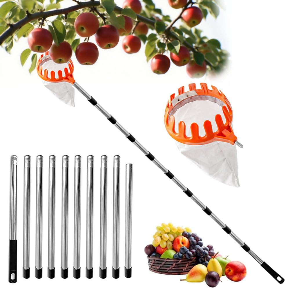 MANGLI 4,2 m recogedor de frutas, recogedor de manzanas con mango telescópico, recogedor de cerezas con estaca telescópica de acero inoxidable y bolsa de algodón, recogedor de frutas para cerezas