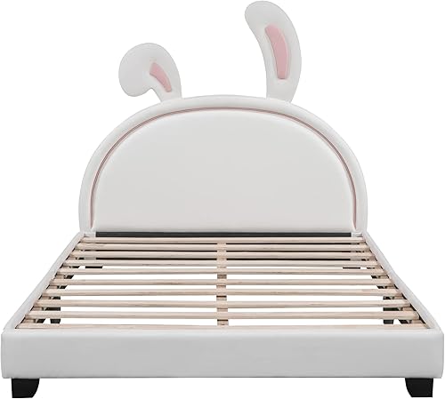 Miniatura 5 de Dolonm Cama de plataforma de tamaño matrimonial con cabecera de conejo, cama princesa tapizada de cuero, marco de cama de cuero de lujo en forma de