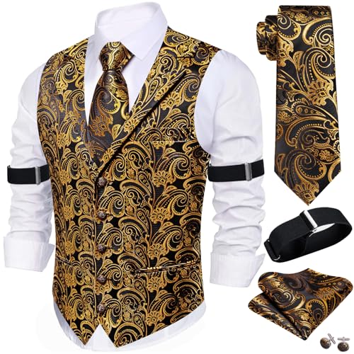Image of Barry.Wang Mens Silk Lapel /Shawl Collar Vest Tie Sleeve Holder Set Formal /Casual Paisley Vests Wedding Tuxedo Waistcoat