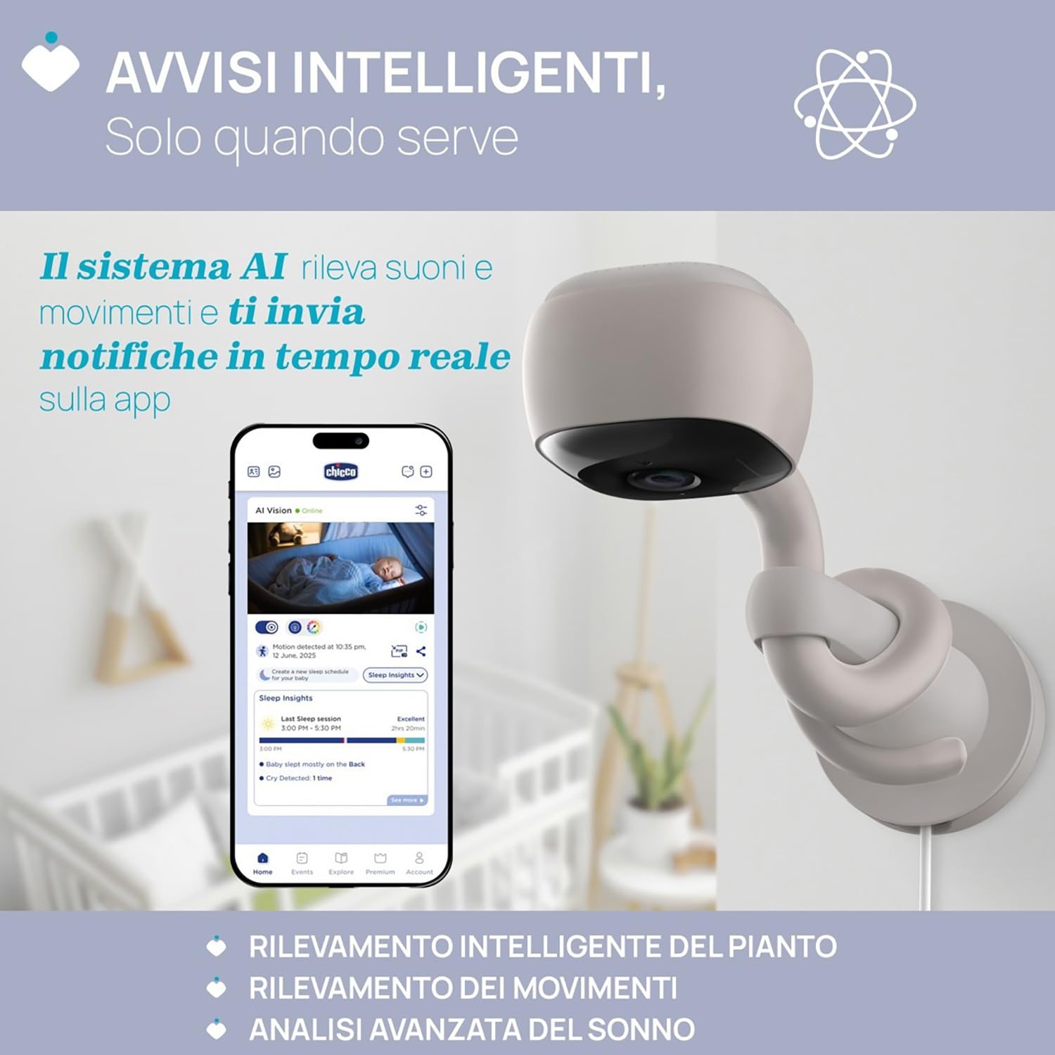 Chicco Wideo Baby Monitor Wi-Fi Smart AI, kamera 2K UHD z nocnym widzeniem na podczerwień, dedykowana aplikacja, wielokolorowe światła, nielanny i białe szumy, wisząca i adaptacyjna