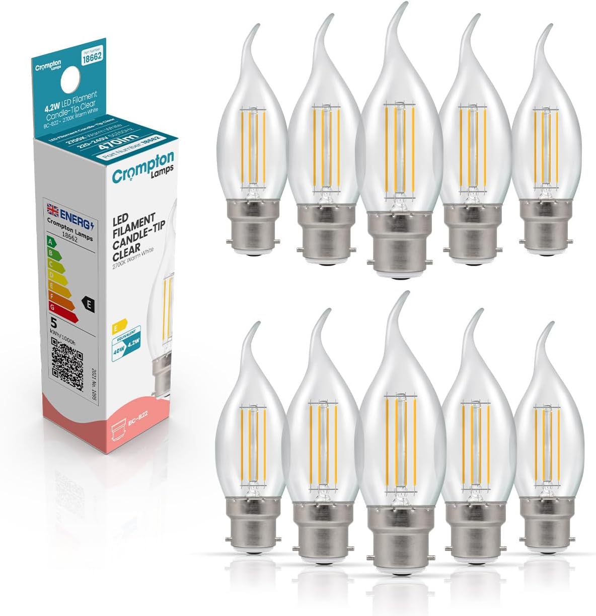 Bent-Tip Candle LED Light Bulb BC-B22d | 4.2W = 40W Equivalent | Warm White 2700K | Flame Tip | Bayonet Lightbulb | Long Life 15,000-Hrs | Clear Glass | 10-Pack