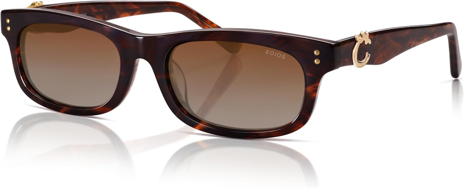 SOJOS Narrow Rectangle Sunglasses for Women, Polarized UV400 Acetate Frame, Retro Classic with Coral Accent, Lace Coral