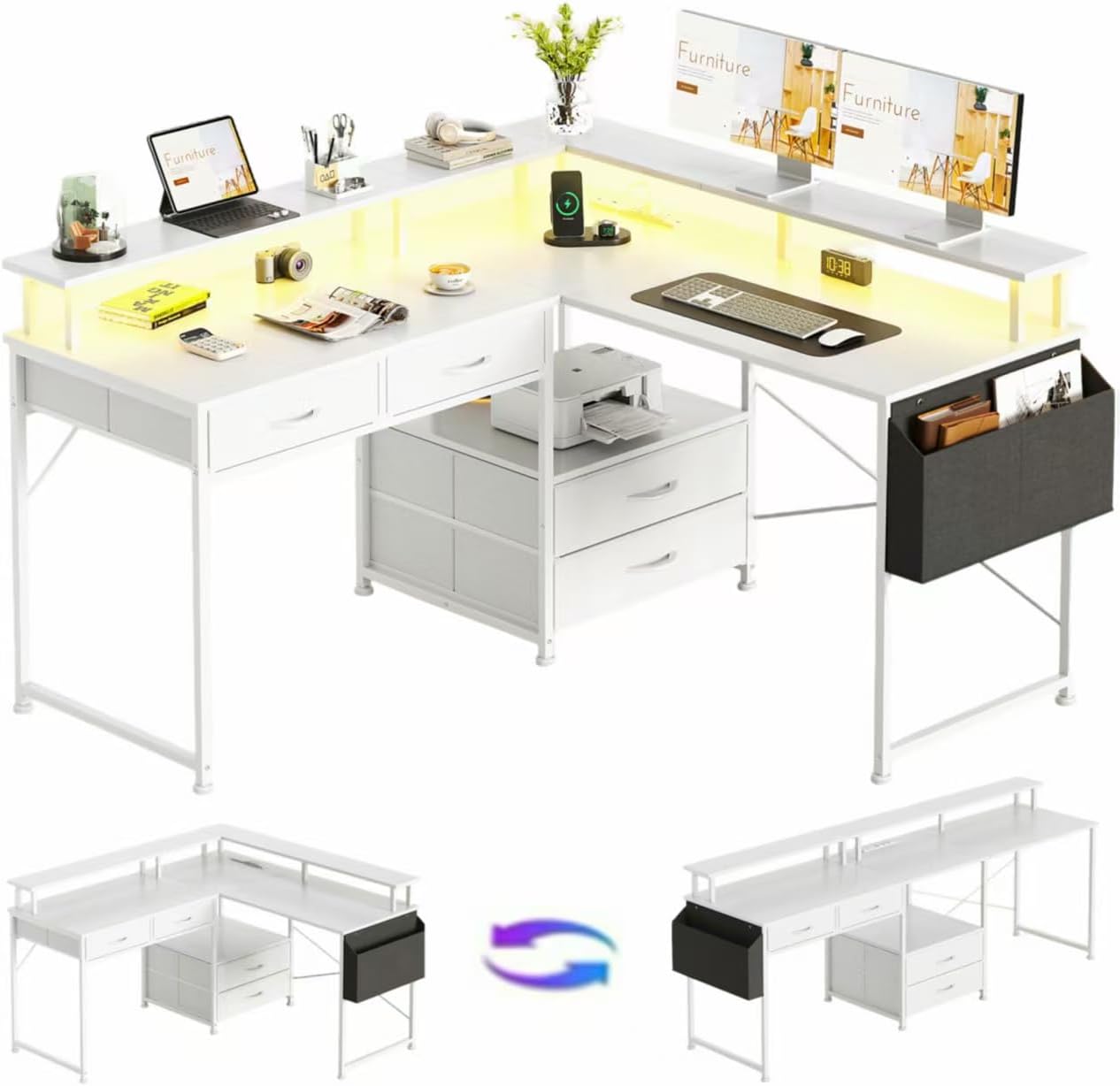 130x120cm L Shaped Desk with Power Outlet & LED Lights, 4 Drawers Reversible Gaming Corner Computer Desks for Workstation, Home Office Desks with Monitor Shelf & Storage Shelves,White