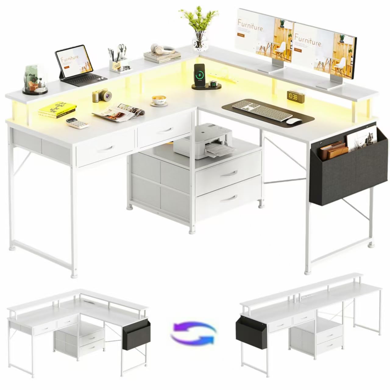 Flrrtenv 130x120cm L Shaped Desk with Power Outlet & LED Lights, 4 Drawers Reversible Gaming Corner Computer Desks for Workstation, Home Office Desks with Monitor Shelf & Storage Shelves,White