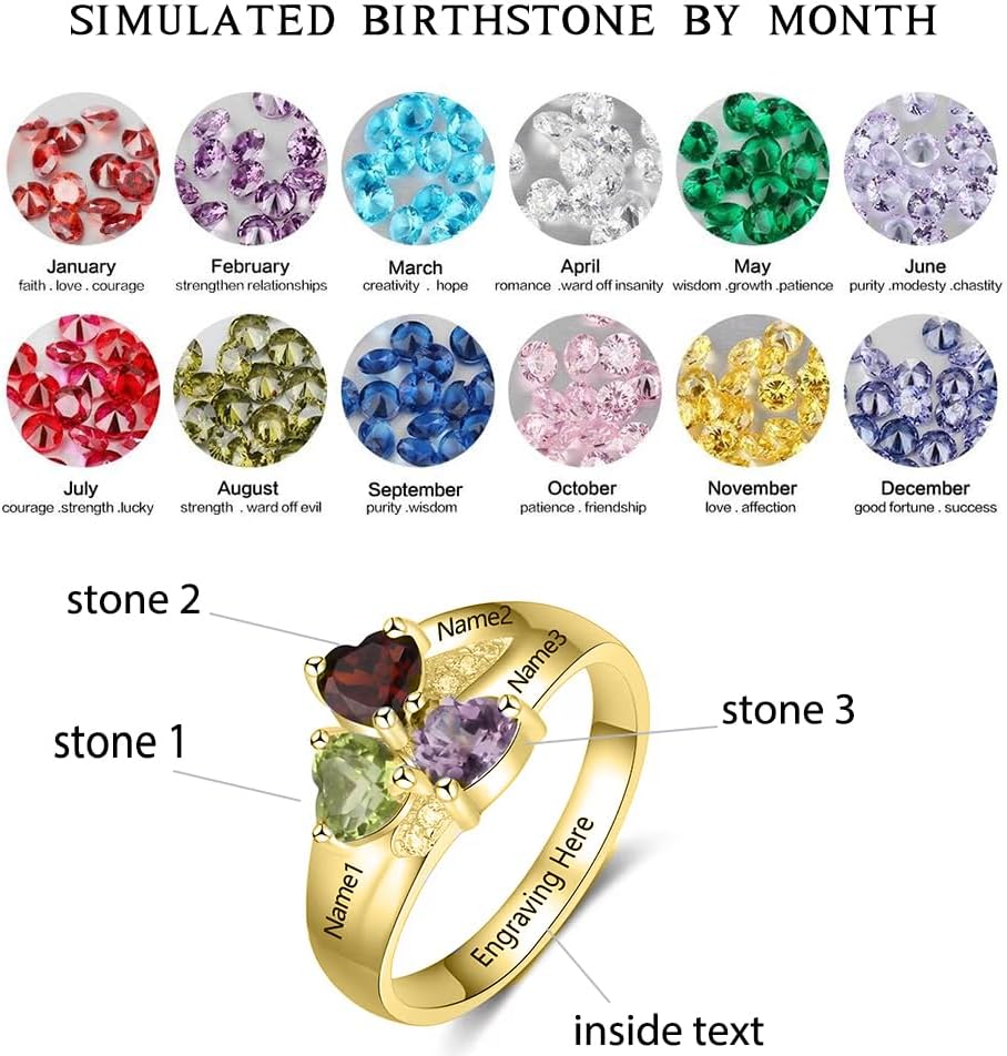 Personalized 10k 14K 18K real gold mom rings for women 14k yellow 3 birthstone rings mother and daughter ring for Mother's day Christmas Day Anniversary Engraving 3 names
