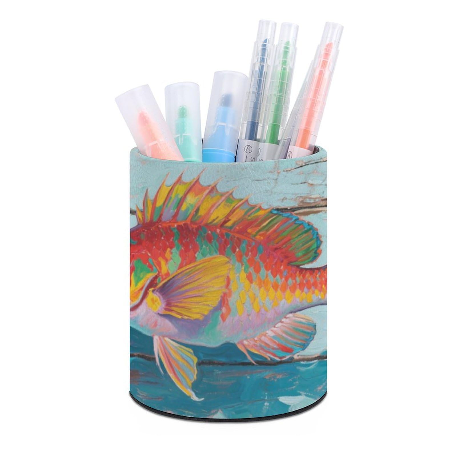 DWVTSLH Aesthetic Pen Holder for Desk - Modern Leather Pencil Holder - Stylish Round Makeup Brush Holder - Fish Pen Cup Cute And Functional Desk Organizer for Office Supplies