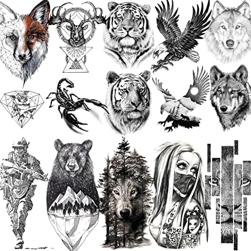 VANTATY 10 Sheets Realistic Tiger Temporary Tattoos Animals For Men Body Armband Soldier Fake Tatoo Stickers For Women Scorpion Wolf Deer Elk Eagle Bear Dot Adults Forearm Tattoos Girls Kids Teens.
