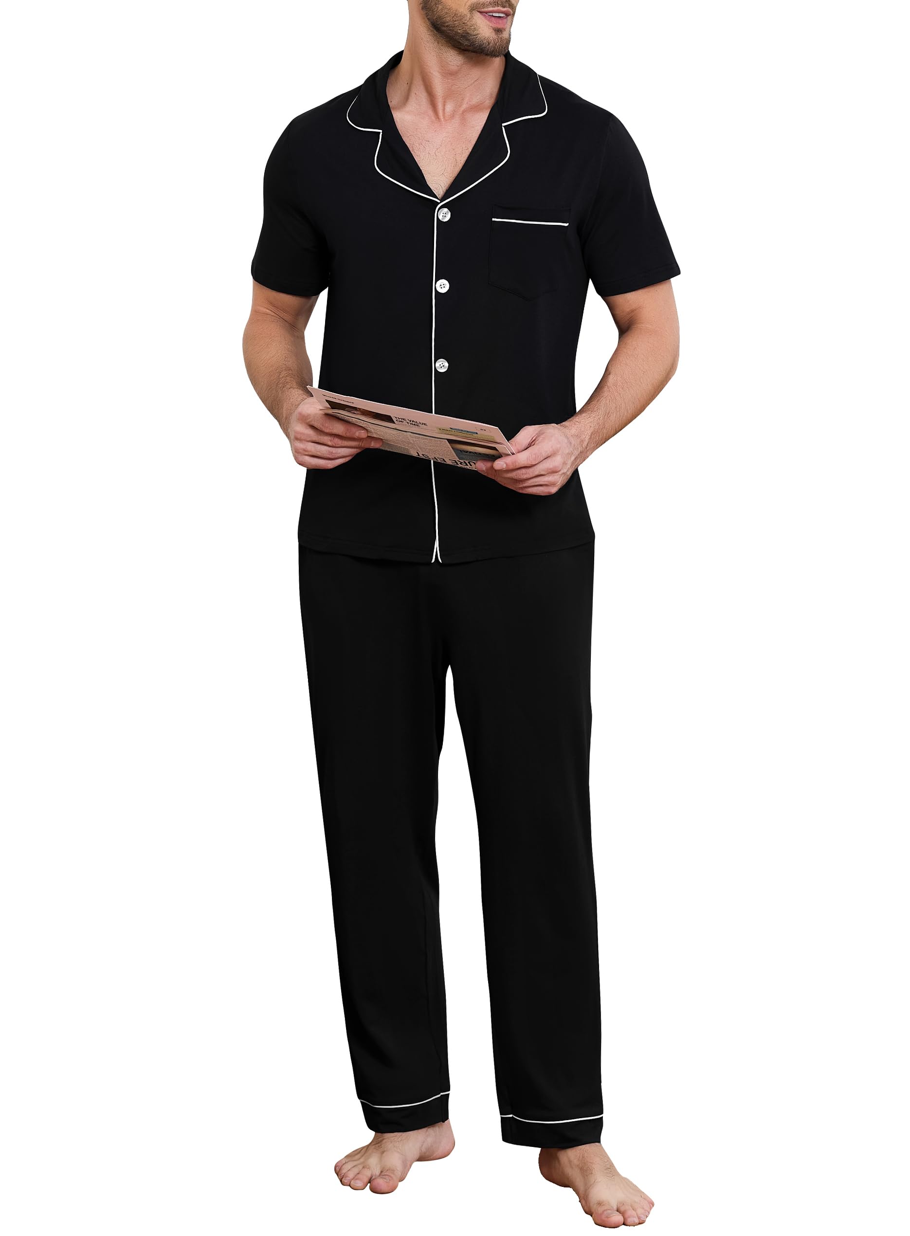 Lovasy Schlafanzug Herren Lang Baumwolle Pyjama Set mit Knöpfen Kurzarm Schlafanzüge für Herren Zweiteiliger Loungewear Hausanzug mit Taschen