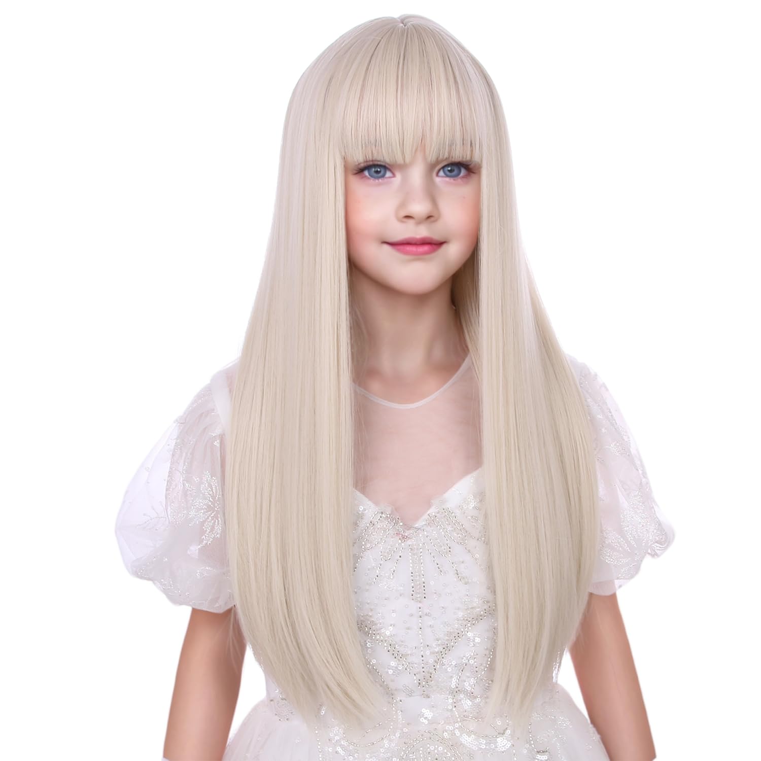Kids Platinum Wig Long White Blonde Wig for Girls Long Straight Wigs with Bangs Synthetic Wigs for Kids