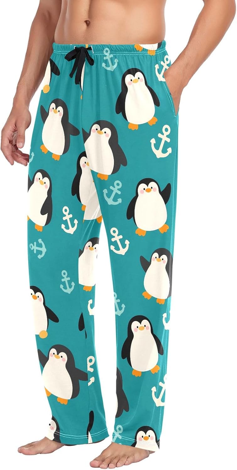 Men Pajama Pants Cartoon Penguin and Anchor Pattern Lounge Comfortable Relaxed Sleepwear Bottom
