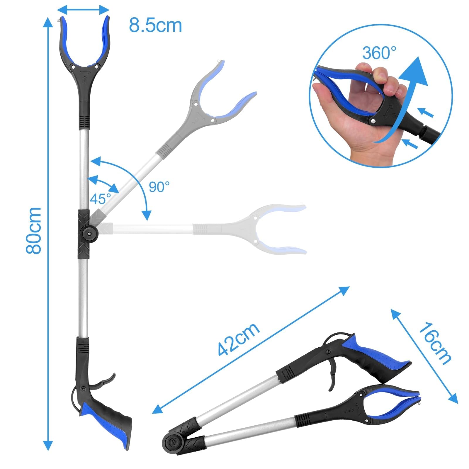 Relota 1 Pezzi Pinza Telescopica Pieghevole 80cm, Testa Rotante 360° Pinza Prensile in Alluminio, Raccoglitore di Immondizia con Punte Magnetiche, Pinza Morsetto in Gomma, Bastone Raccogli Rifiuti
