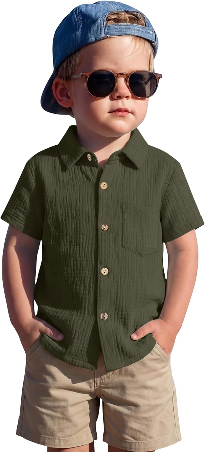 Toddler Baby Boys Shirt Short Sleeve Lightweight Button Down Cotton Breathable Collared Seersucker Top with Pocket