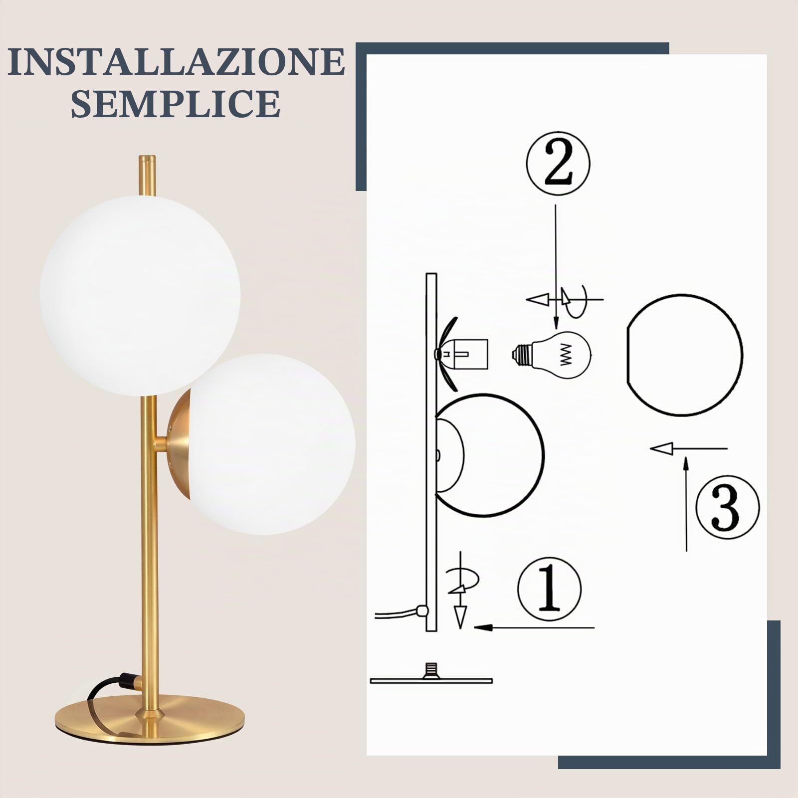 ZMH Lampada da tavolo per soggiorno, moderna, industriale, oro, 2 fiamme, con interruttore, design in metallo, vetro, lampada da comodino, in ottone, E27, per