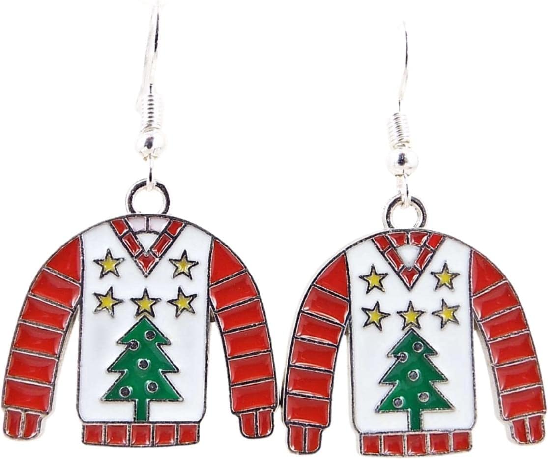 Tacky Red and White Ugly Christmas Sweater Metal Earrings with Tree and Sterling Silver Ear Wires