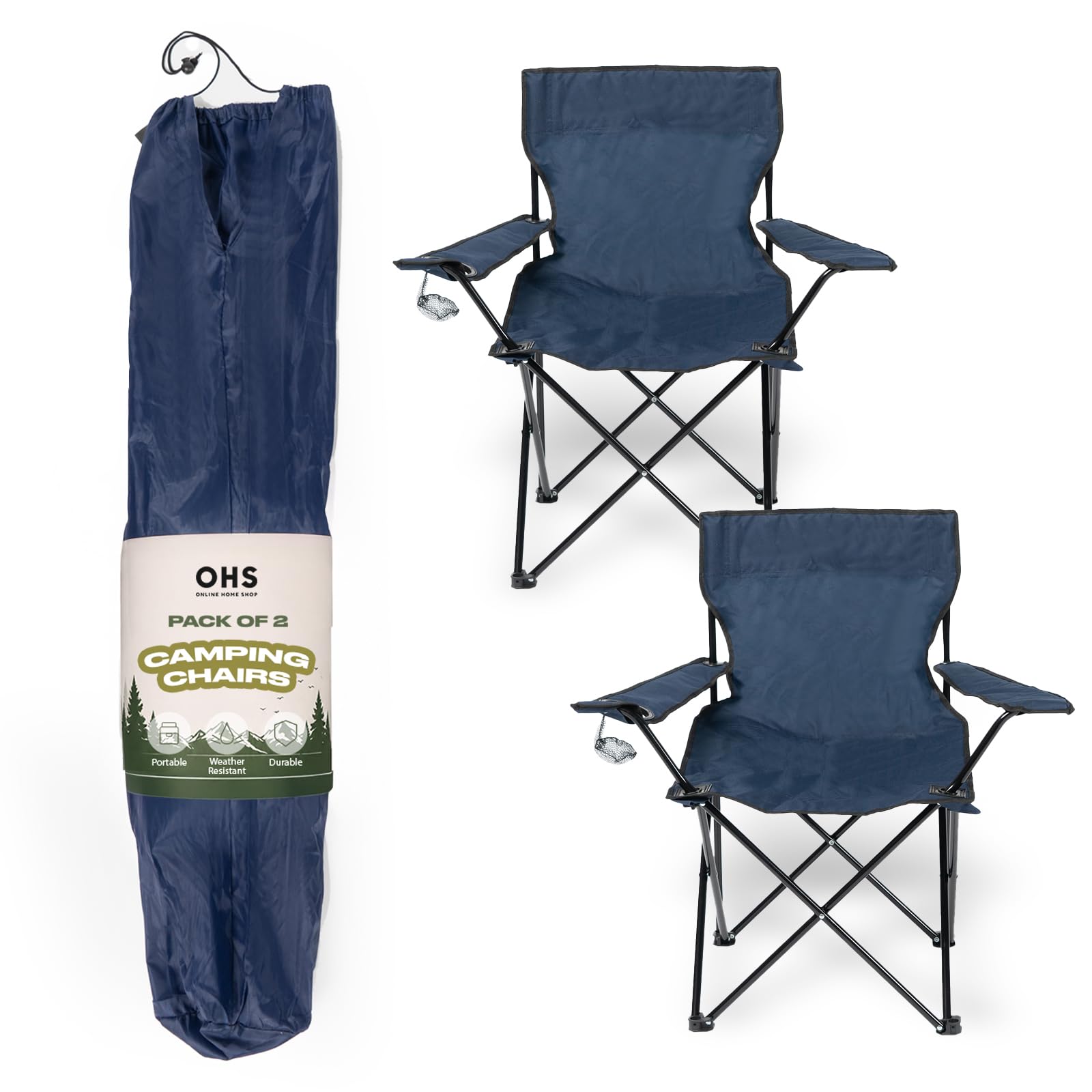 OHS Camping Chairs Set of 2, Foldable Camping Chair Outdoor Compact Portable Chairs Festival Garden Hiking Fishing Picnic Chair Sturdy Drinks Cup Holder, Navy โ image 1