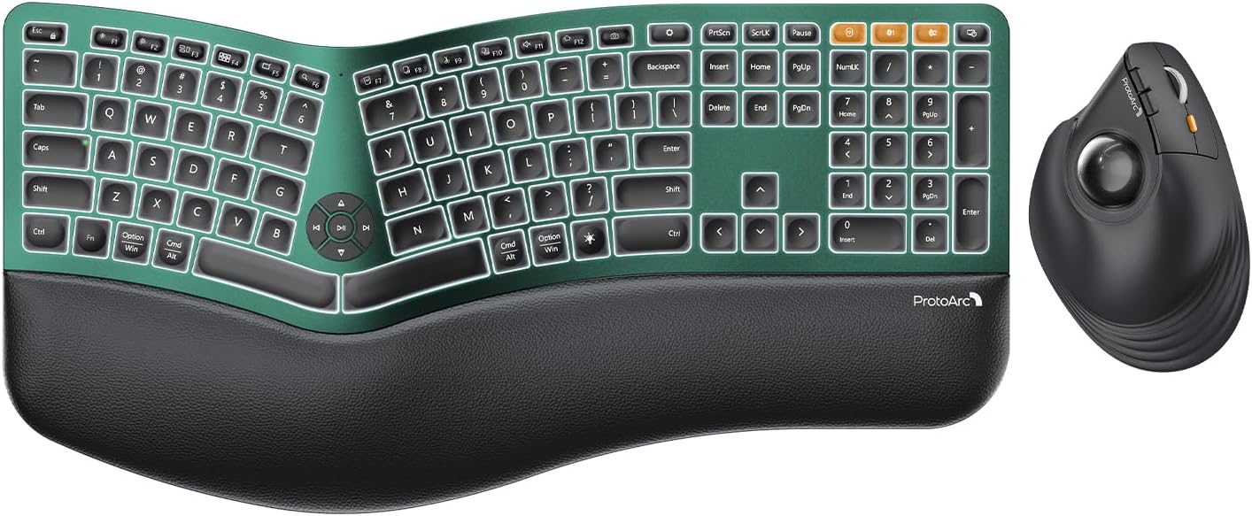 ProtoArc Backlit Wireless Full Size Ergonomic Keyboard Green and Vertical Wireless Trackball Mouse