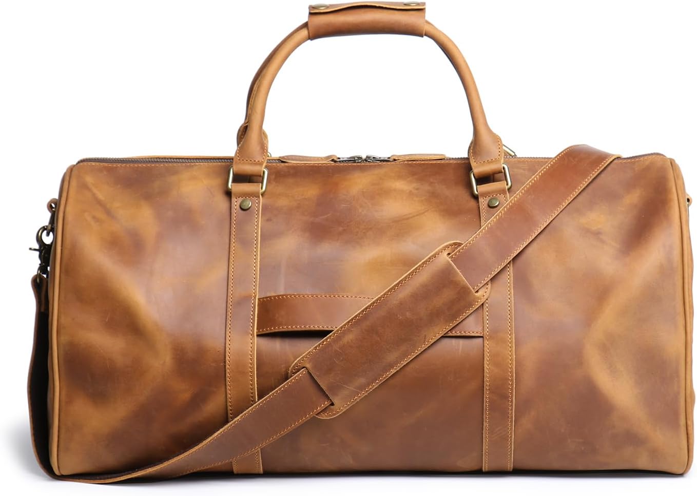 Leather Travel Duffel Bag, Classic Leather Weekend Bag Mens Gift Overnight Retro Sport Gym Carry on Luggage YKK Zipper (B Style Brown)