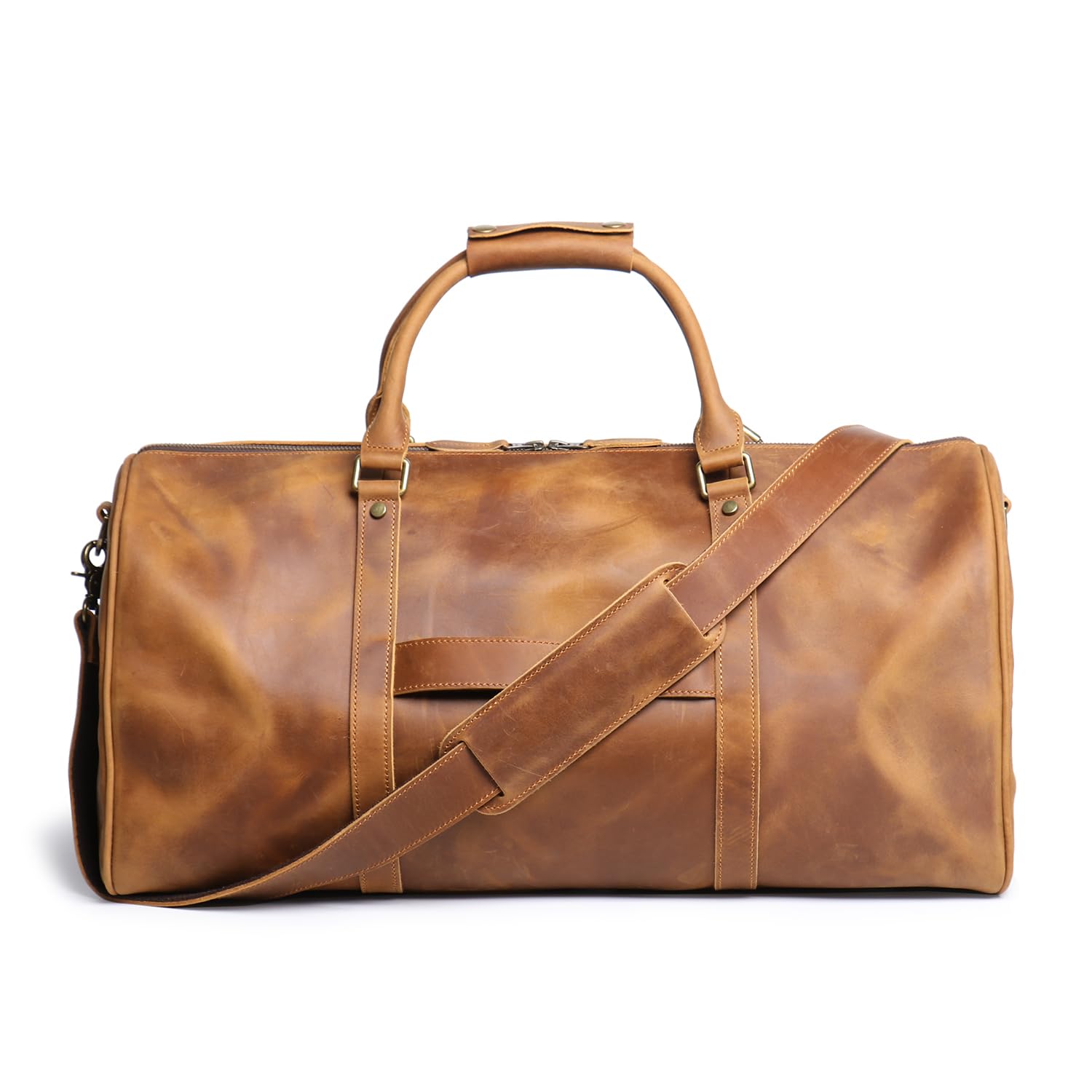 Leathfocus Leather Travel Duffel Bag, Classic Leather Weekend Bag Mens Gift Overnight Retro Sport Gym Carry on Luggage YKK Zipper (B Style Brown)