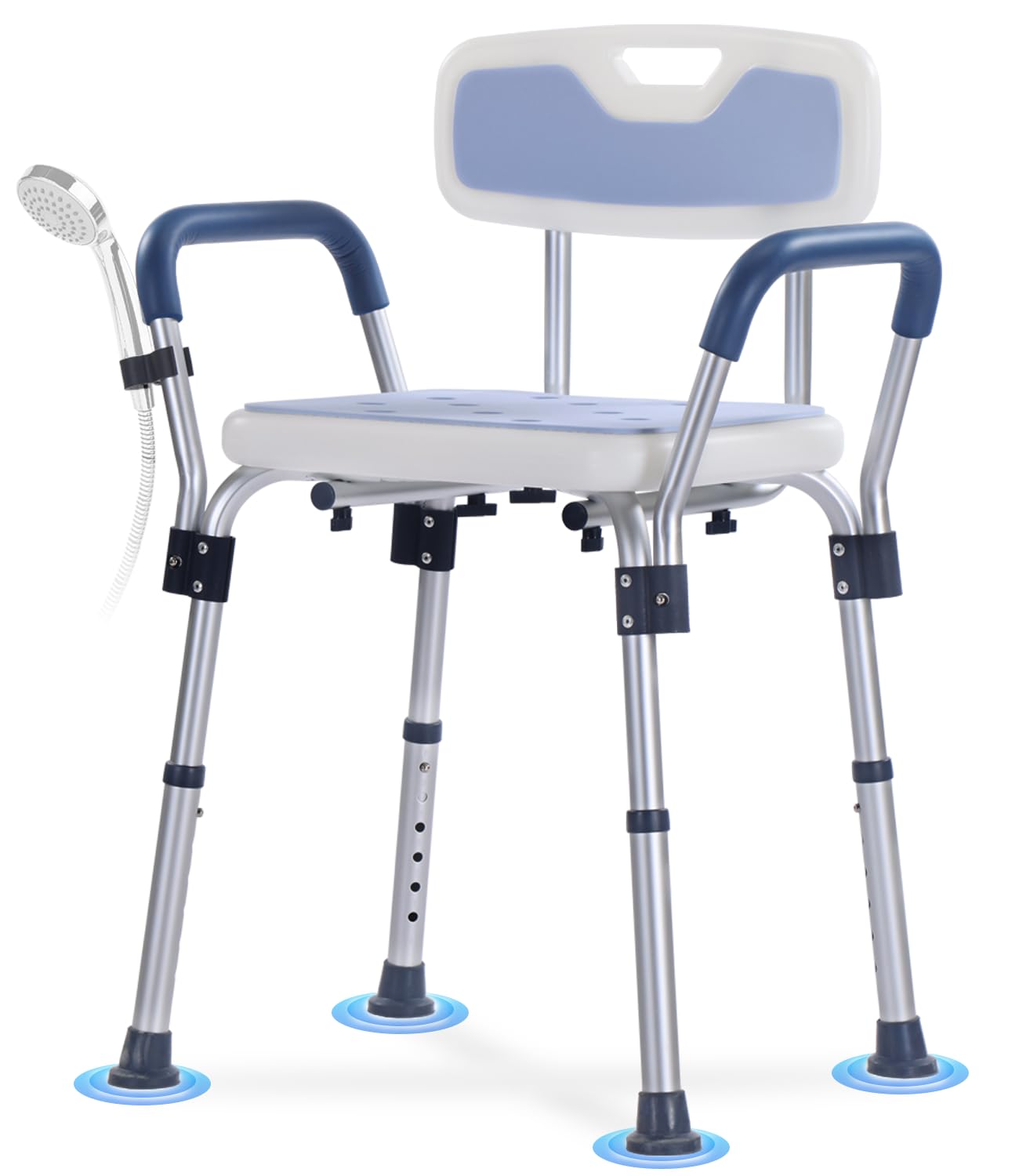 Silla de baño para personas mayores con respaldo extraíble, con capacidad de carga de 160 kg, 6 niveles de ajuste de altura (68 – 81 cm) | Silla de ducha con pies antideslizantes