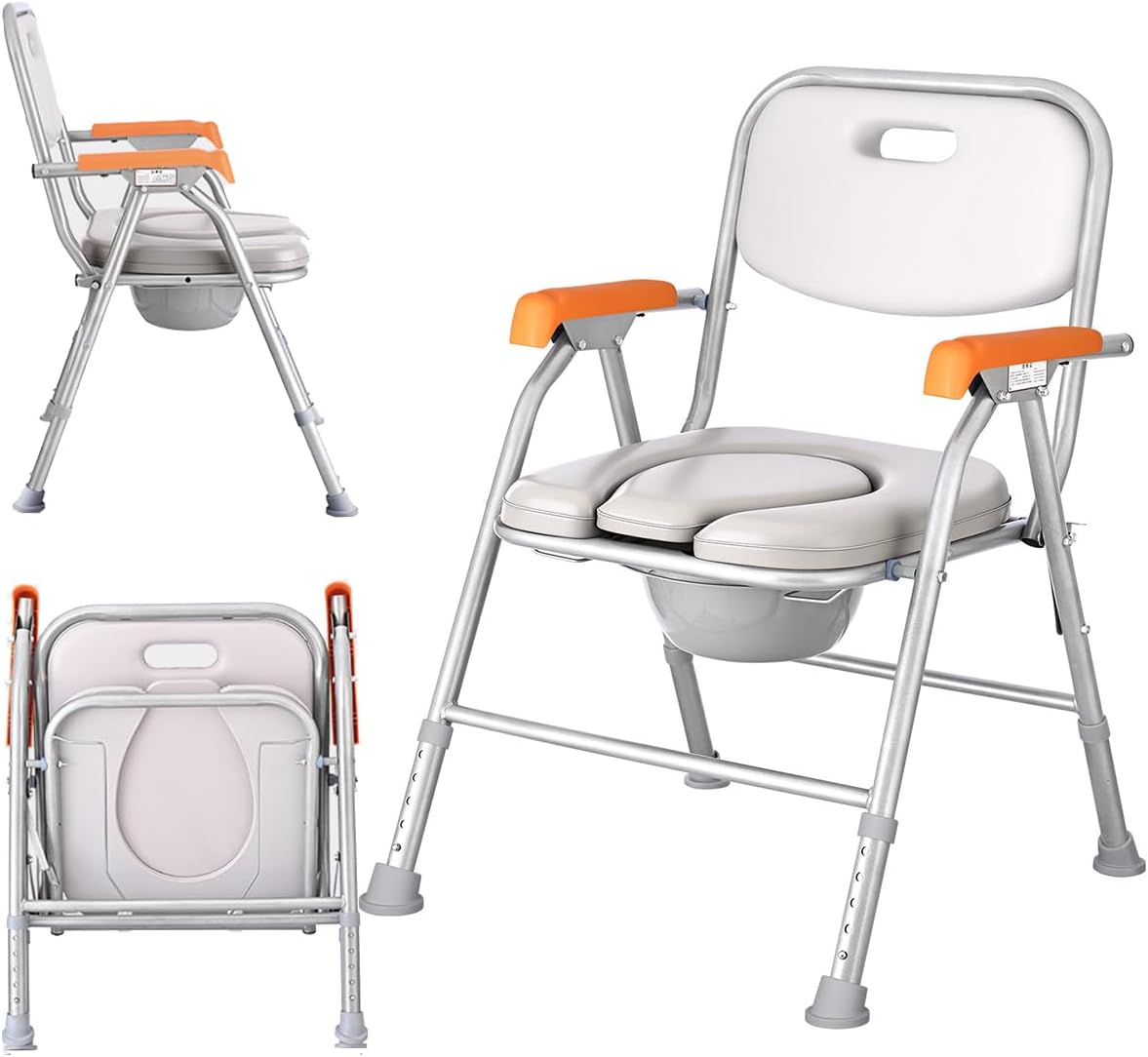 Folding Bedside Commode Chair for Elderly with Arms and Back,Adjustable Height Raised Toilet Seat with Handles,Adults Potty Chair for shower chair,Foldable and installation-free (Silvery)