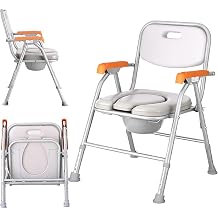 Folding Bedside Commode Chair for Elderly with Arms and Back,Adjustable Height Raised Toilet Seat with Handles,Adults Potty Chair for shower chair,Foldable and installation-free Silvery