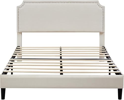 Miniatura 4 de Marco tapizado tamaño Queen con cabecera clásica de clavos, plataforma moderna con listones de madera, soporte de colchón, no necesita somier, fácil