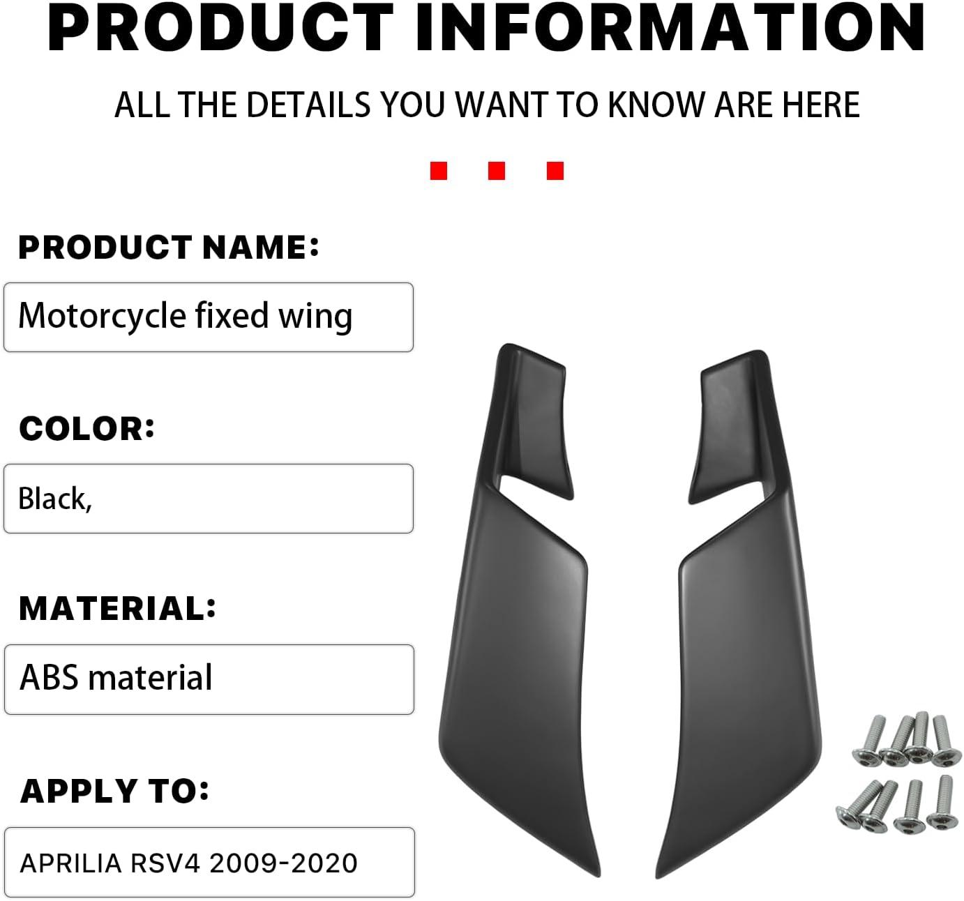 Fairing for Aprilia RSV4 (2009-2020) - Motorcycle Fairing for Aprilia RSV4, Durable ABS Plastic Easy Installation of Aprilia Winglet (Matte Black)