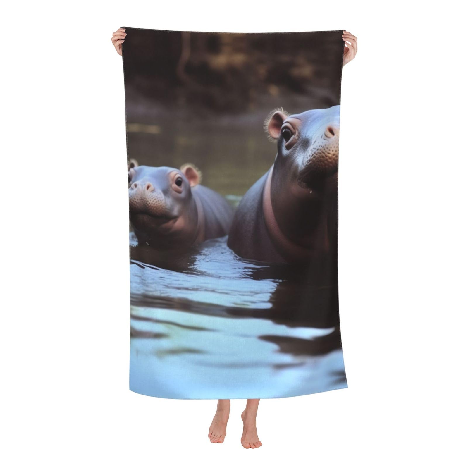 FodPand Hippos Beach Towel Oversized 52 x 32 in Sand Free Pool Swim Towels for Adult Travel Blanket Lightweight Quick Dry Absorbent Bath Towels Cruise Vacation Accessories