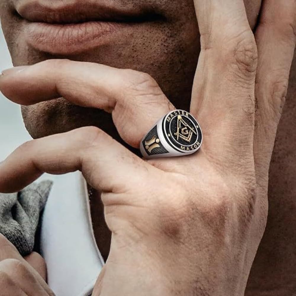 Masonic Master Mason Signet Ring - Titanium Steel Freemason Ritual Ring with Jachin Boaz G Symbol Blue Lodge Jewelry for Men's - Image 4