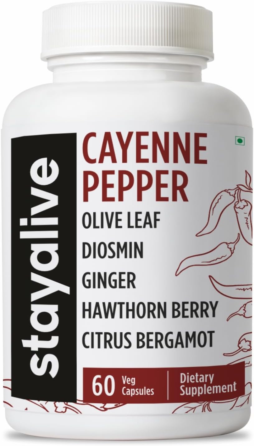 STAY ALIVE Cayenne Pepper Capsules w/Ginger, Garlic, Turmeric, Hawthorn, Diosmin, Citrus, Ceylon Cinnamon and Olive Leaf Extract, 10-in-1 Blend, 60 Pills, Non-GMO & Gluten-Free Supplement