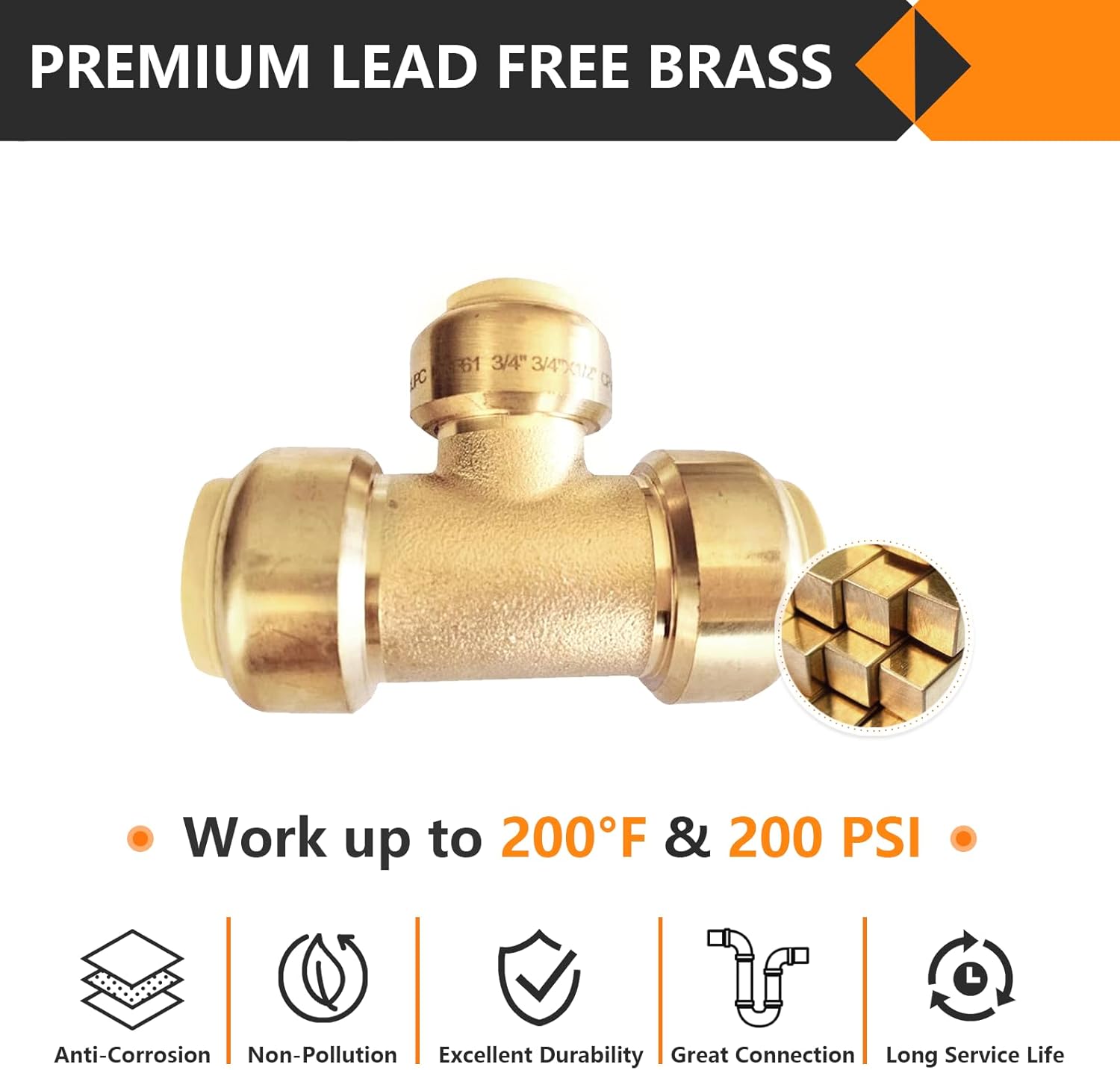 2-Pack HeSun Pushfit Tee, 3/4"x3/4"x1/2" Push to Connect Plumbing Fittings with Disconnect Clips, Brass Push-fit Fittings for PEX, Copper, CPVC, PE-RT Pipes(PF127-2)