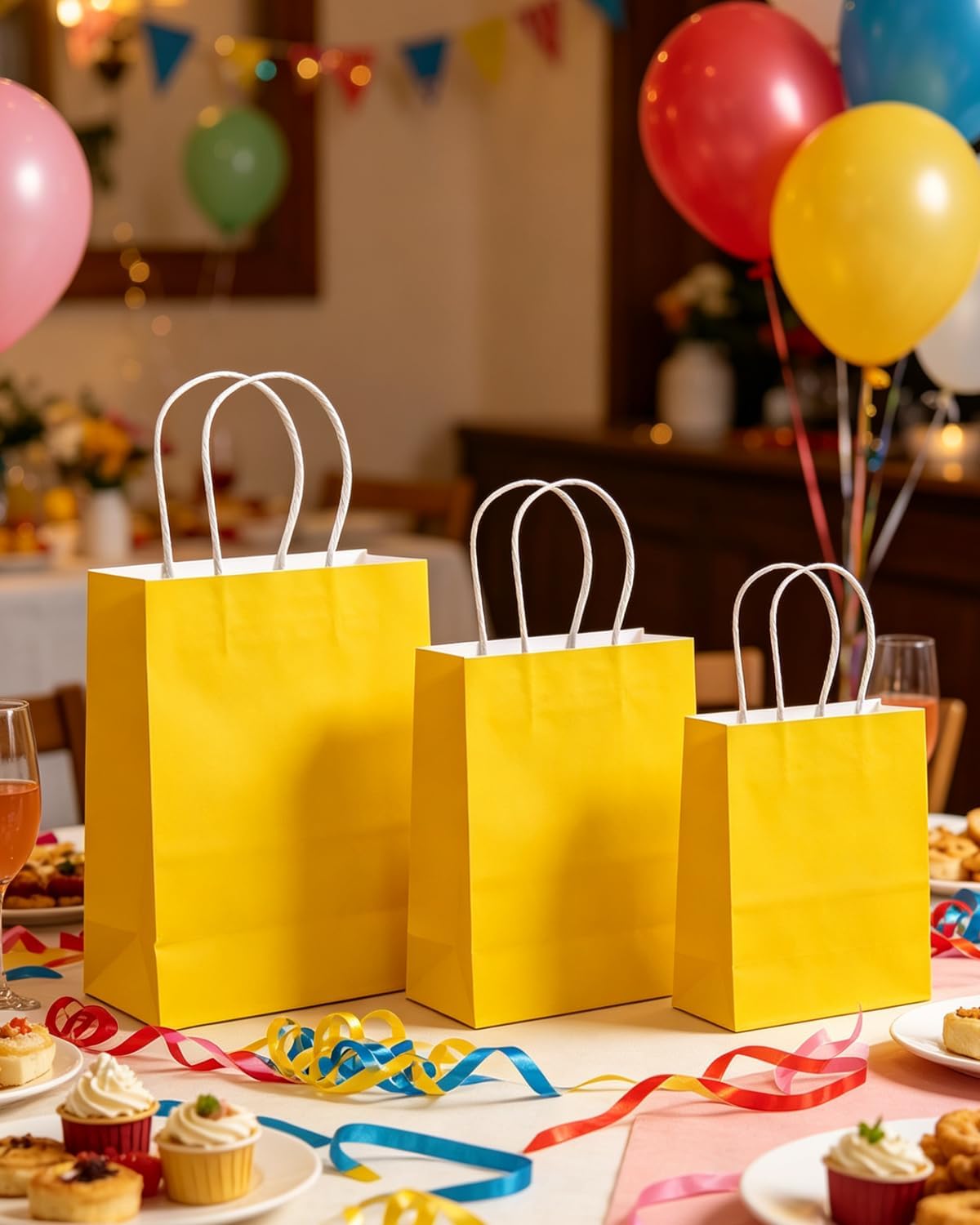 qiqee 100PCS Gift Bag with Handles Bulk Bright Yellow Paper Bags Assorted Sizes(33pcs Large 13",33pcs Medium 11",34pcs Small 8")